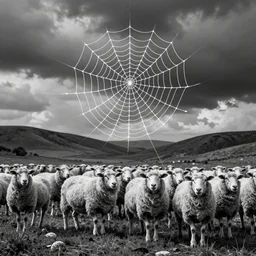 one-line art grafic the sheep included a spider web, grey scale