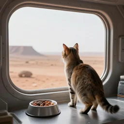 cat watching martian landscape, standing inside a futuristic window, next to a food bowl