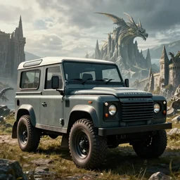 Land Rover Defender 110 (1985), an epic fantasy, dramatic lighting, cinematic, establishing shot, extremely high detail, photorealistic, cinematic lighting, artstation, by simon stalenhag, The Elder Scrolls V: Skyrim, Whiterun Hold, Whiterun, Dragonsreach in the background, at day
