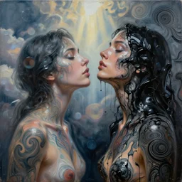 two female bodies melting liquid acrylic painting abstract in glass and black latex fluid, balck paint, female face, woman body, hypperrealistic, bokeh, long exposure, close up portrait, fantasy concept art, epic light, clouds, god rays, heaven, art noveau, artistic sketch, voronoi pattern, film still, swirly body painting and tattoo,