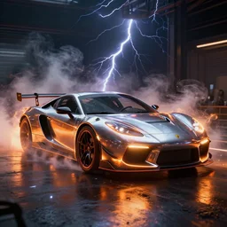 sport automotive with reflective surfaces, unreal engine render. flames, lightning, cinematic lighting, smokes. peder balke, john watkiss, and paul gustav fischer.