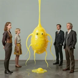 human amoeba by magali villeneuve and gerald brom and norman rockwell and gil elvgren and greg rutkowski, opaque yellow liquid, floating, tendrils, ooze, hyperrealism, surrealism