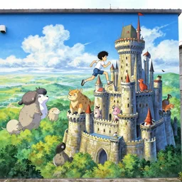 it's an anime mural by katsuhiro otomo, it depicts animals, monsters, and a boy as he runs along the top of a sky castle. it somewhat resembles a landscape from akira