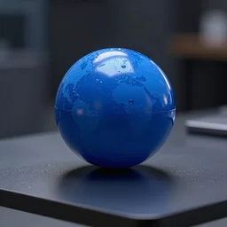 a blue ball on a table + specular highlights + ambient occlusion + global illumination + bump map + reflective + caustics + refractive + unreal engine 5 + DOF + sharp focus