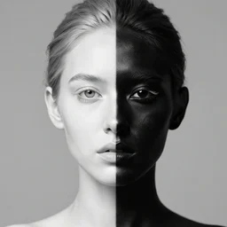 A woman's face, half white and half black