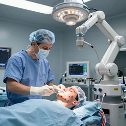 a face transplant in an operating room with robotic surgeons with a lot of circuits and wires , photorealistic,by Wlop,4k resolution