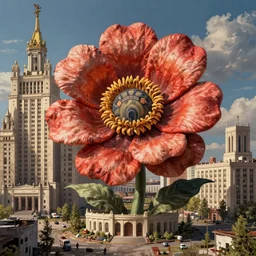 colossal grotesque flower made from unfulfilled communist dreams in the middle of abandoned early soviet constructivist cityscape, Stalinist architecture, ultradetailed, Intricate by Hayao Miyazaki and Josan Gonzalez and Makoto Shinkai and Giuseppe Arcimboldo and Wes Anderson