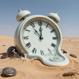 a massive porcelain sculpture of a surreal distorted of the melting clock in a desert button trip atmosphere, in the style of johnson tsang, grotesque sculpture, lucid dream series, cinematic, hyper - realistic, very detailed, realistic water splashes, ray tracing, 8 k resolution, long - shot, sharp focus, low angle, 8 5 mm photograph, wide lens