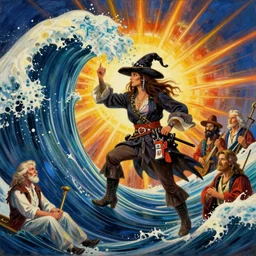 a pirate witch summoning a giant wave by remedios varo and art frahm and earl moran and fritz willis and gil elvgren