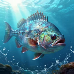 a side portrait of a angler fish like humanoid as deep sea warrior, blind eyes, scars, splashes of water, terrifying, intense, an ultrafine hyperdetailed illustration, sharp focus, bright colors, destiny 2, fantasy, d & d, unreal engine 5, global illumination, radiant light