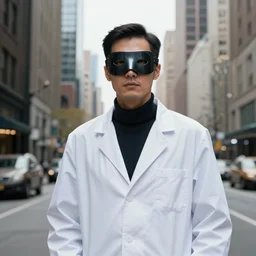 portrait of masked cyberpunk scientist on the art deco streets of the Empire city, award-winning realistic sci-fi concept art by Beksinski, Bruegel, Greg Rutkowski, Alphonse Mucha, and Yoshitaka Amano