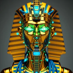 awardwinning photo of a gold and blue metallic shiny humanoid steampunk pharao, the face is covered with green glowing digital circuits, wearing a glowing blue and golden metallic maya sparkling diadem with blue cables and shiny metallic gears, 3 d render, crisp, 8 k, fluorescent colors, nikon photography