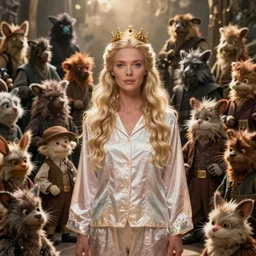 detailed ultrarealistic photography medium shot of fantasy queen in pajama and hordes pf furry muppet puppet leyendecker, norman rockwell, greg rutkowski, artstation cinematic, vray game of thrones, lord of the rings, star wars