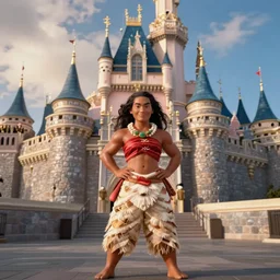 maui, male demigod from the movie moana at disneyland, standing in front of sleeping beauty castle, background is disneyland castle, realistic photo, as real person
