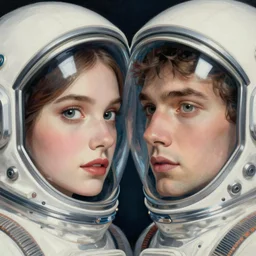 artwork by james jean and Phil noto; a close up on the face of a beautiful man and woman in a future space suit; wearing futuristic astronaut helmet; highly detailed; pretty eyes; circular black pupils; artwork by james jean and Phil noto