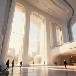 the inside of a monument with cyberpunk motifs, by tim blandin and arthur haas and bruce pennington and john schoenherr, big windows architecture by zaha hadid, octane render, warm colour scheme, white, cinematic, scenery, cgsociety, modernism, futuristic, trending on artstation, sci - fi, high detail, high quality, close up angle, people walking