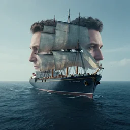 by giacomo balla and sergey grechanyuk, visually stunning, cinematic, ultra realistic, hyper realism, 1 2 k, epic, octane render, unreal engine, vfx, maya, a double merge pour : a lonely ship adrift in the endless ocean of time