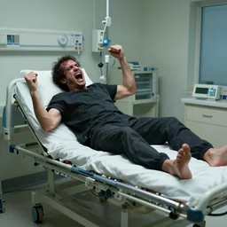 hd professional medical photograph of a man lying in a hospital gurney, possessed by a dybbuk. he is screaming and flailing and twisting and spasming