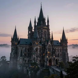 a highly detailed photo of a gothic castle surrounded by a mist shot during twilight on 3 0 mm film painted by alena aenami, rendered in unreal engine
