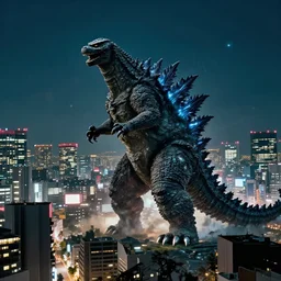 A beautiful wide shot of Godzilla destroying the night city of Tokyo, cinematic, anamorphic 35 mm lens, cinematic, anamorphic lens flares 4k