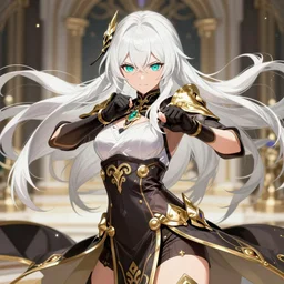 beautiful anime portrait of a female fighter!! long white hair! teal eyes! fighting stance!!!! intricate ornate gold and black outfit!!! elegant, artbook, fine details by stanley artgerm lau, wlop, rossdraws, james jean, andrei riabovitchev, marc simonetti, and sakimichan, trending on artstation