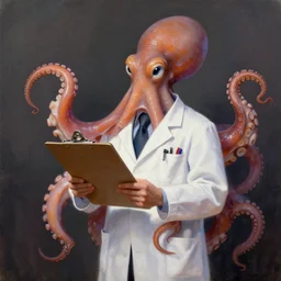 an octopus wearing a lab coat and holding a clipboard, masterpiece digital painting by Thomas Kinkade and Greg Rutkowski, artstation, 4k wallpaper