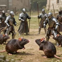 a photo battle between man sized rats and medieval knights