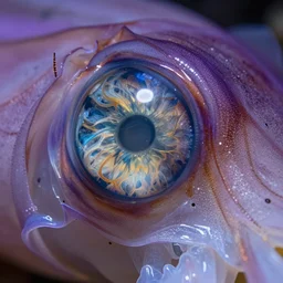 macro shot, close-up of a purple squid eye, intricate iris, ultrarealistic, highly detailed, octane render, ray tracing