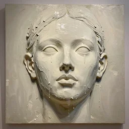 looking up at a gigantic three - dimensional thick impasto oil painting in the shape of a woman's head, with blank oil paint eyes, lots of thick encrusted paint, wet paint is oozing down over the face like wax on a candle, no skin or hair, or frame visible, lit from top right