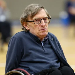 a closeup photorealistic photograph of steven hawking playing wheelchair basketball. bright scene. accurate face. fine detail. this 4 k hd image is trending on artstation, featured on behance, well - rendered, extra crisp, features intricate detail, epic composition and the style of unreal engine.
