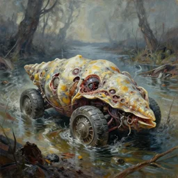 oil painting of radioactive dystopian macerated mollusk skinned vehicle in science fiction plague river bed, horror book jacket illustration baked 6 0 0 f on mercury by boris vallejo, geof darrow