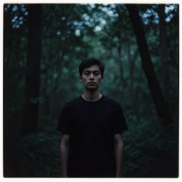 lomo photo of a man standing in a dense forest, cinestill, bokeh, out of focus, night, dramatic lighting, grainy