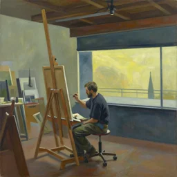 painting of a artist, creating in his studio alone, in a huge studio, in the style of edward hopper