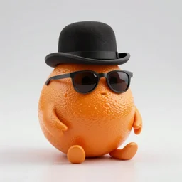 an orange that looks like walter white, wearing bowler hat and sunglasses, sitting on a table, food photography 4 k