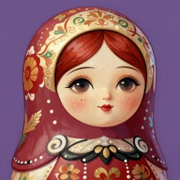 close up portrait of a matryoshka with red hair and freckles, intricate, elegant. highly detailed, digital painting, artstation, concept art, smooth, sharp, focus, illustration. background is purple, art by artgerm and greg rutkowski and alphonse mucha,