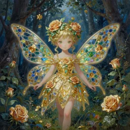 breathtaking detailed soft painting of a little fairy princess in the distance of a luxurious twilight forest by Ayami kojima, Loputyn and matcha, golden rose dress of stained glass floating around, detailed realistyc symmetrical facial features, amalgamation of leaves and flowers, 8k, concept art, matte, sharp focus, rembrandt style