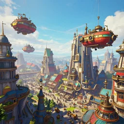 “detailed steampunk city,with flying ships in bright colours, trending on art station, masterpiece, bustling with activity, Worth1000.net”