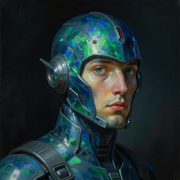 a neoclassicist close - up portrait of a fisherman wearing iridescent gear. angular futuristic sci - fi features and eyes gazing. deep blue and green tones. gloomy dark black background. highly detailed fantasy science fiction portrait painting by moebius, eyvind earle, frank frazetta, and syd mead. rich colors, high contrast. artstation