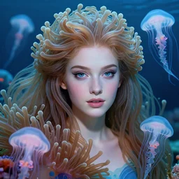 princess of sea anemones, gorgeous, realistic face, detailed anemone hair, jellyfish, artgerm, seb mckinnon, ivan aivazovsky, translucent, 8 k portrait render, 🌊, 🐠, artstation, ultra realistic, cinematic lighting, painterly
