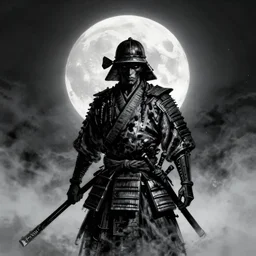 '2d design graphic a samurai in the night ,big white moon background , gloomy and foggy atmosphere, octane render, horror scene, highly detailded style of Moebius, black and white ink '