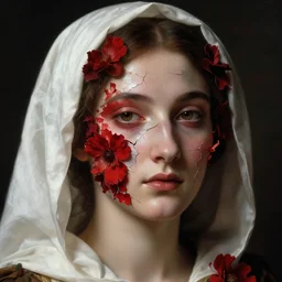 hyperrealism close - up mythological portrait of an exquisite medieval woman's shattered face partially made of scarlet flowers in style of classicism, wearing white silk hood, dark palette