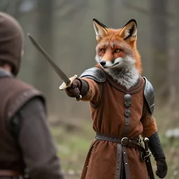 anthropomorphic fox who is a medieval knight pointing a sword towards an adversary 1 9 3 0 s film still, ladislas starevich
