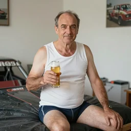 a middle aged man, thinning hair, wearing under shirt and underpants, holding a beer, showing off his racecar bed in his apartment.
