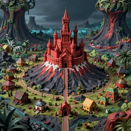 infographic map of beautiful Hyperrealistic red stone castle on top of a volcano in the middle of a dark volcanic scary jungle, smaller colorfull shacks surround, macro lens, shallow depth of field, highly detailed, digital painting, trending artstation, concept art, illustration, cinematic lighting, vibrant colors, photorealism, epic, octane render