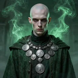 portrait of a young bald male mage, sickly with pallid skin, wearing many silver medallions runes and round jewellery, sigils and robes, green smoke, art by greg rutkowski