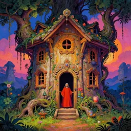 A psychedelic portrait of ixitxachitl cleric baba lysaga’s creeping hut , vibrant color scheme, highly detailed, in the style of romanticism, cinematic, artstation, Moebius, Greg rutkowski