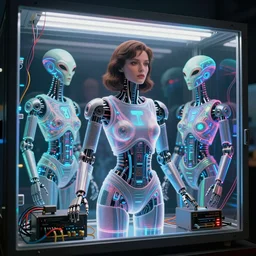 woman in holograms, with 80s sci-fi robotic arms, of alien artifacts,  electrical case display, ultrarealistic, dramatic lighting, backlit, three point lighting, cables and wires, electrical details, high details, 4k, 8k, best, accurate, trending on artstation, artstation, photorealism, ultrarealistic, digital painting, style of Caravaggio, Boris Vallejo