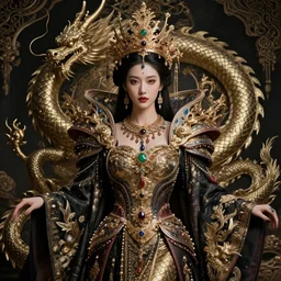an extravagant elegant dragon empress portrait shot by android jones in visionary fineart style 8 k hyper ornated maximalist and very detailed. darkfantasy, queen, goddess.