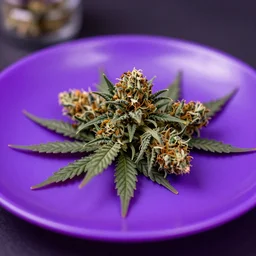 marijuana on an incandescent purple plate, bokeh, close up, super macro, 8 k