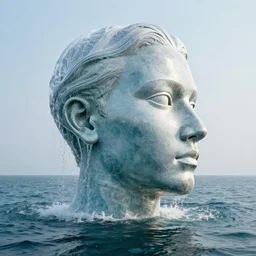 a giant sculpture made out of water of a human head, on the ocean water, cinematic, in the style of johnson tsang, long shot, hyper detailed, hyper realistic, ray tracing, 8 k resolution, sharp focus, realistic water, award winning